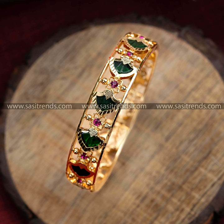 Kerala Traditional Micro Gold Palakka Bangle - Green Petals