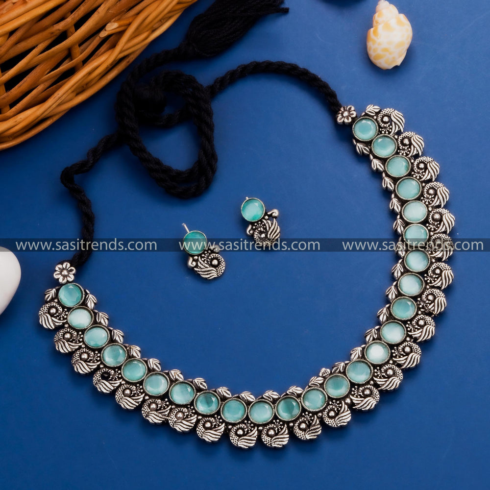 Elegant Mint Stone Peacock Kushi Oxidized German Silver Necklace Set for Party Wear