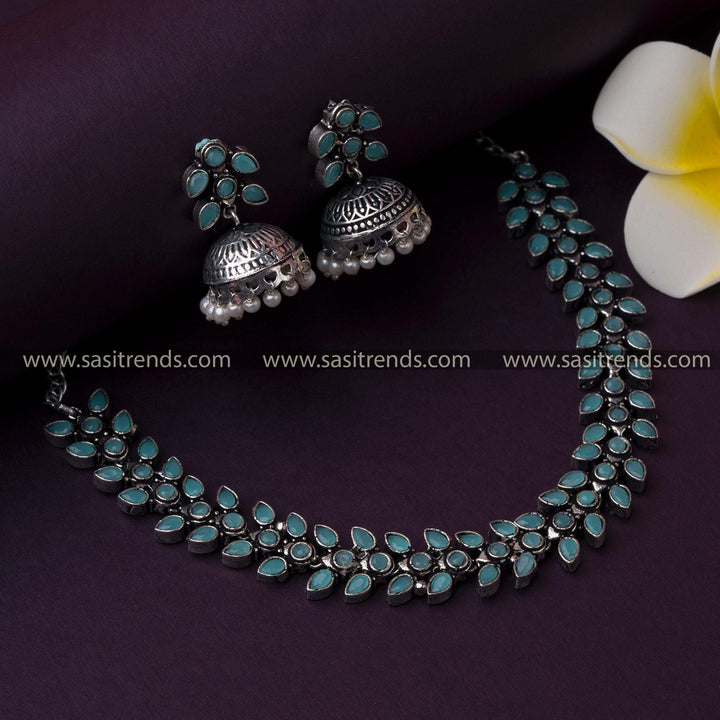 Stylish Mint Stone Necklace & Pearl Jhumkas - Perfect for Traditional and Western Parties - Trendy Oxidised Silver Jewelry