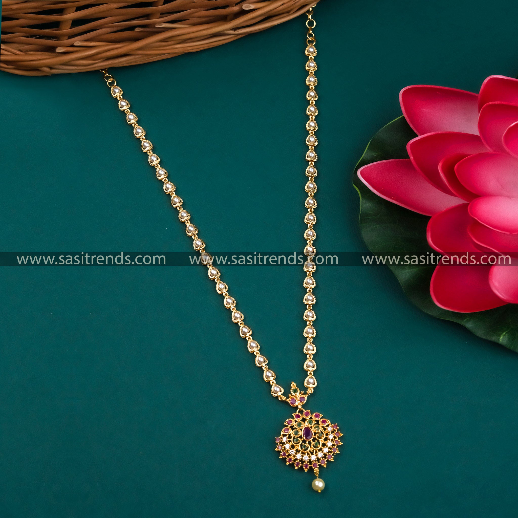 Dazzling Micro Gold Plated Multi-Colored Stone Floral Pendant Pearl Chain Necklace