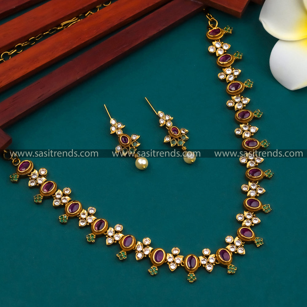 Temple Gold Plated AD Floral Necklace Set with Exquisite Multi Color Stones for Women