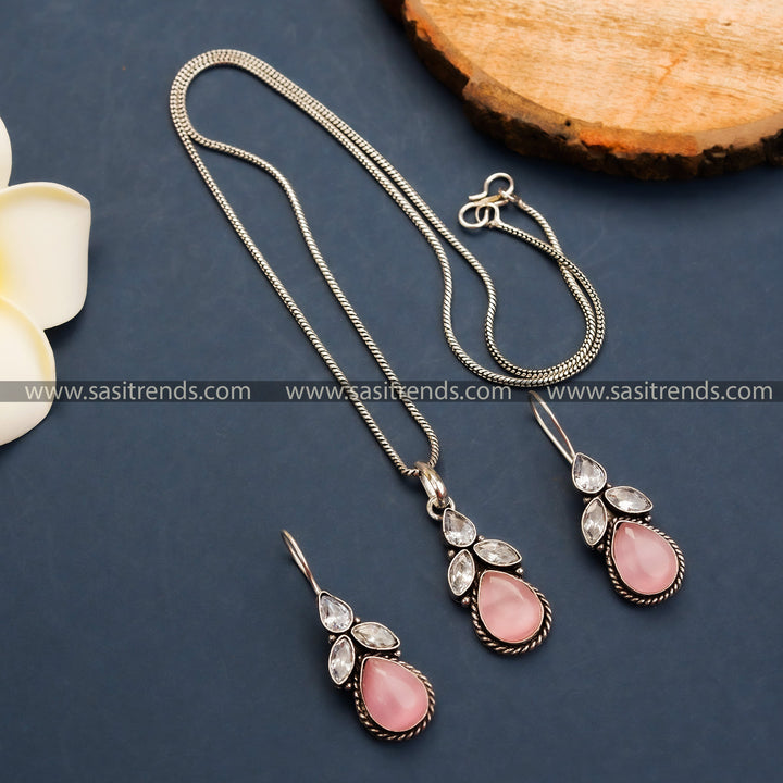 Oxidized German Silver Floral Pendant Chain Set with Pink Stones - Fashionable Statement Piece for Online Shopping