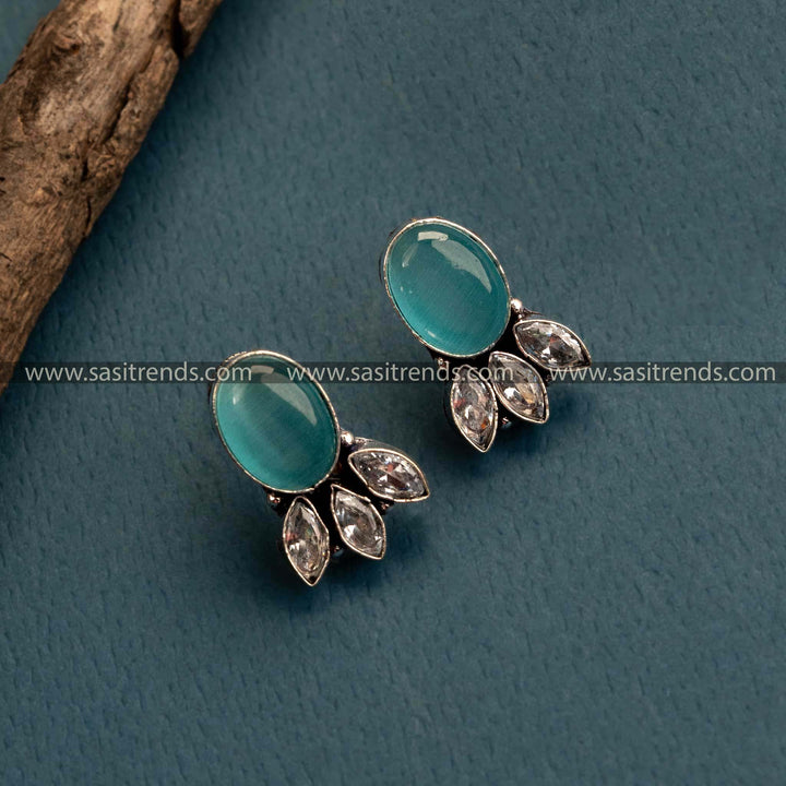 Ocean Blue Stone Oxidized German Silver Stud Earrings – Amazing Office Wear with Monalisa and AD Stones, Perfect for Traditional Gatherings