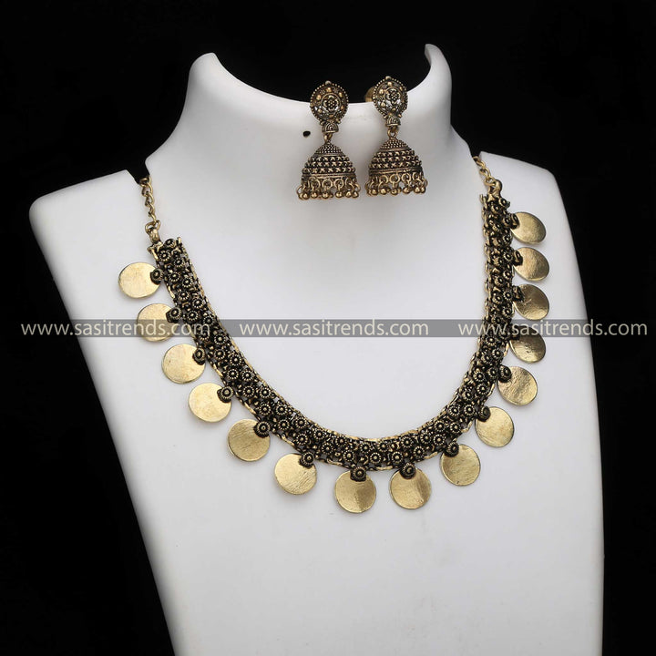 Latest Oxidised Antique Gold Coin Jhumka Earrings Jewellery Set Navarathiri Special