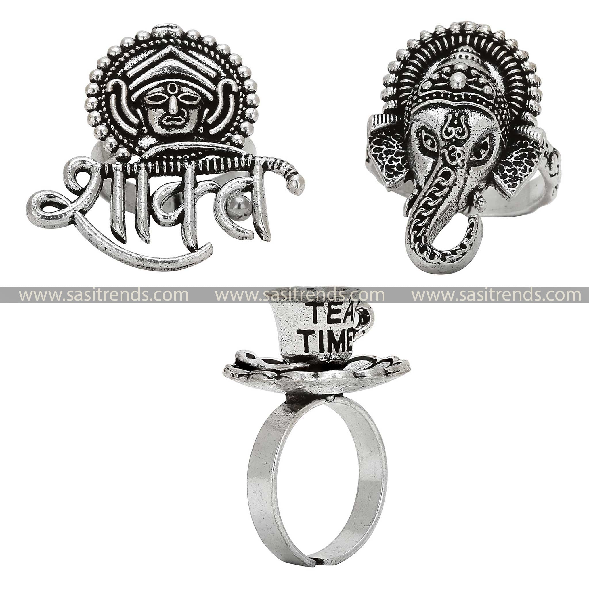 Trendy Oxidized German Silver Combo Ring Set - Traditional Wear with Floral, Shakti, and Lord Ganesha Rings for Girls - Sasitrends