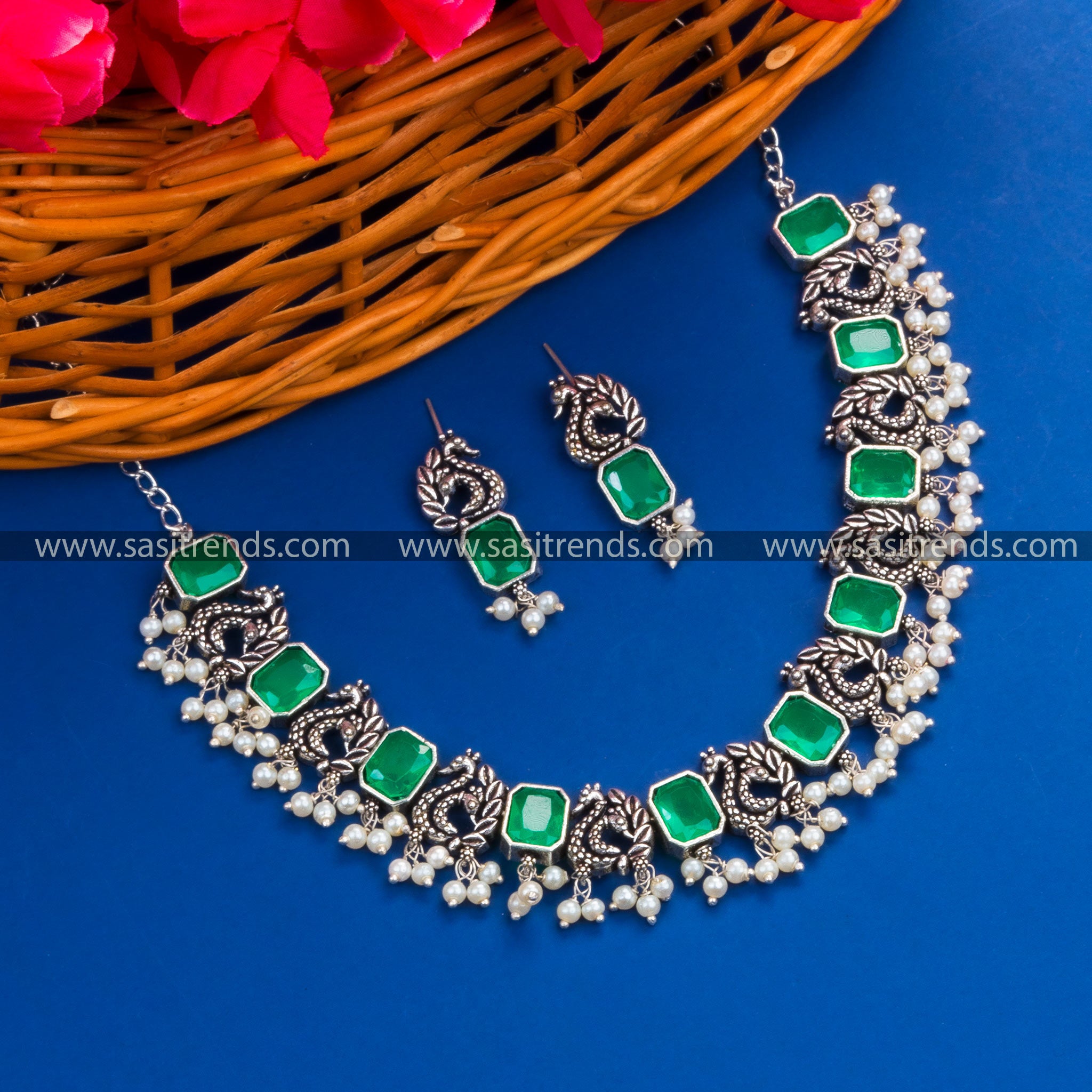 Trending Peacock Oxidised Silver Necklace Set with Gorgeous Green Stones - German Silver Oxidised Jewellery