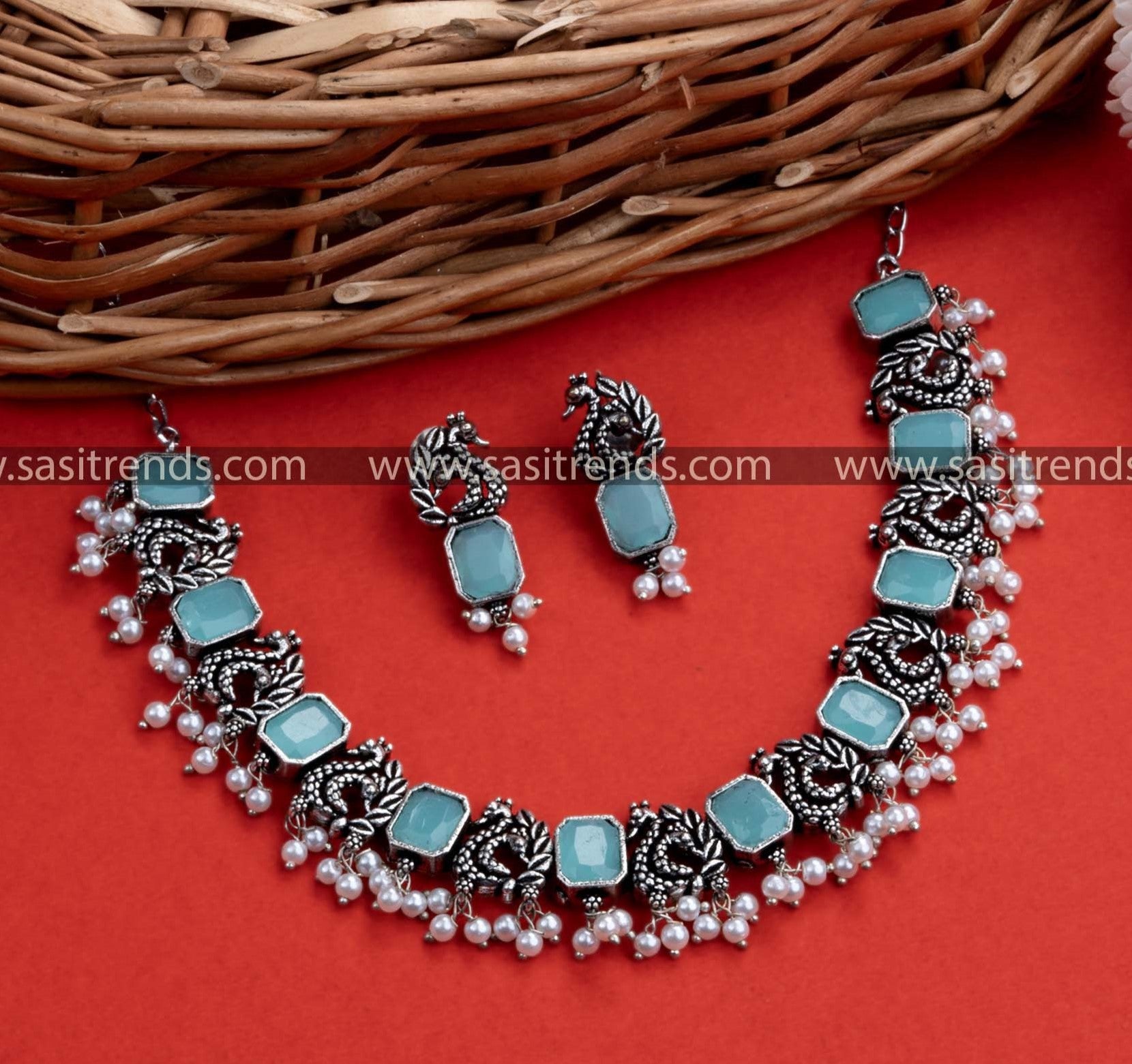 Trending Peacock Oxidised Silver Necklace Set with Gorgeous Mint Stones - German Silver Oxidized Jewellery