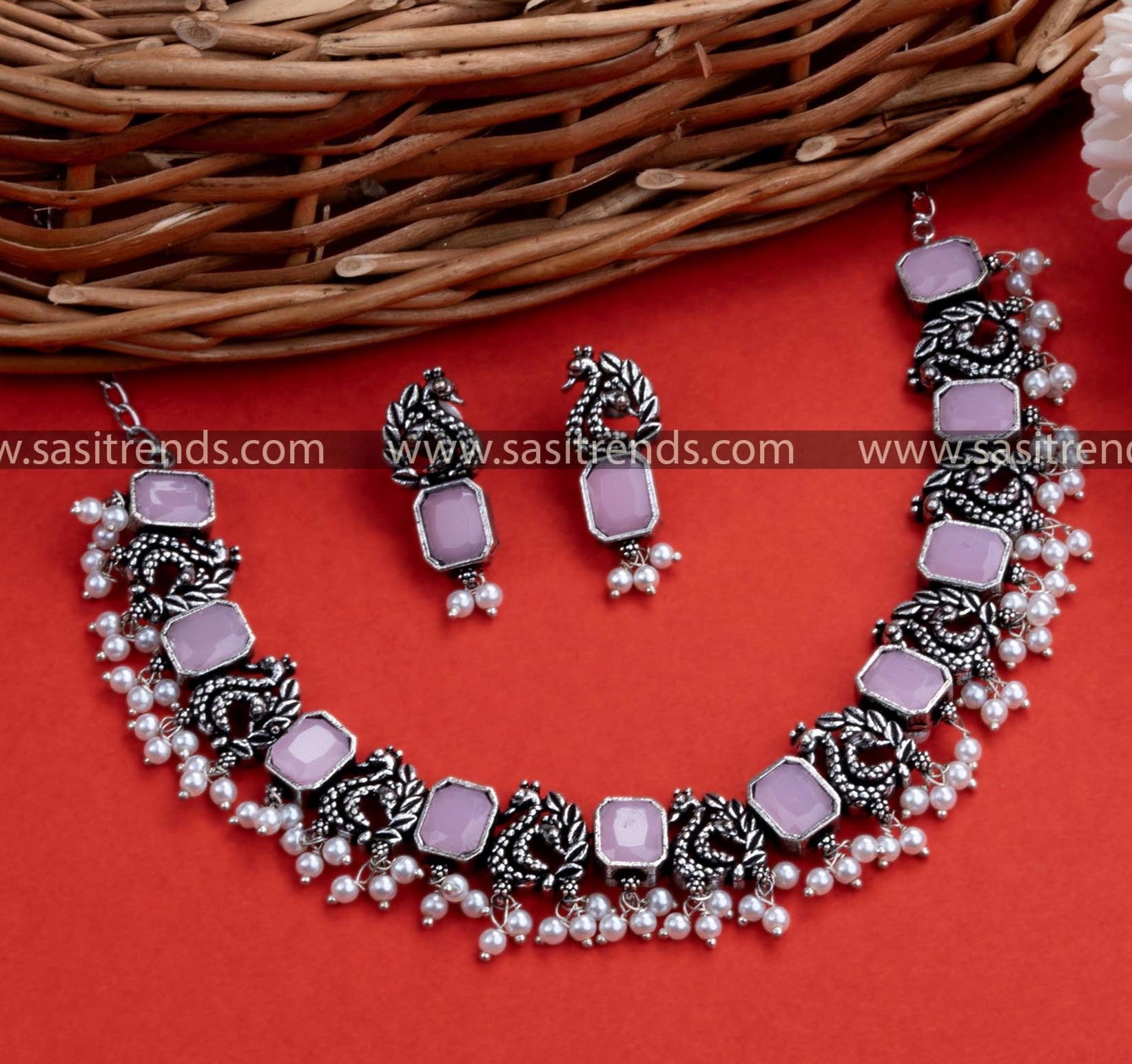 Trending Peacock Oxidised Silver Necklace Set with Gorgeous Pink Stones - German Silver Oxidised Jewellery