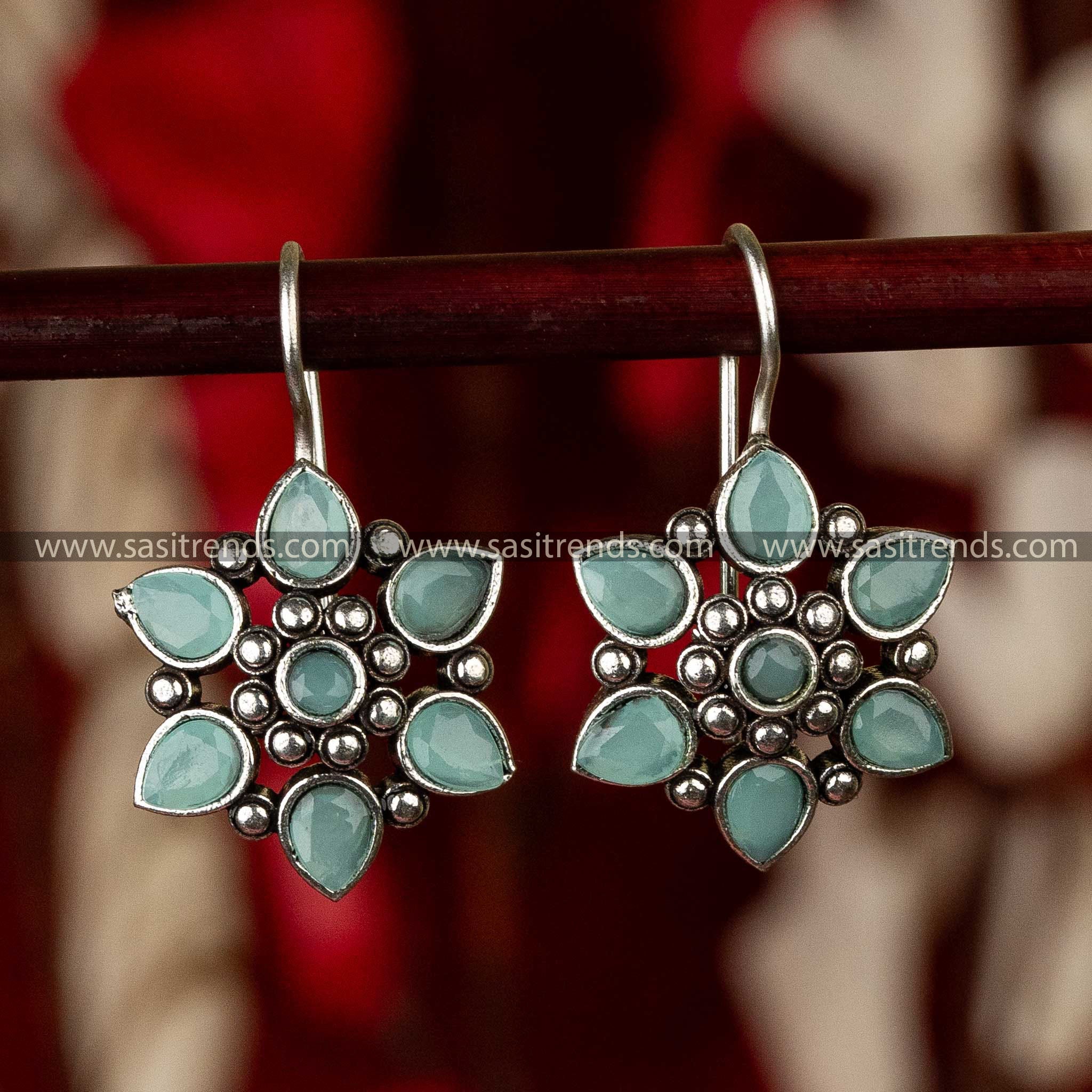 Latest Oxidised Mint Stones Stud Flower Designer Fish Hook Earrings Sasitrends Online Shopping