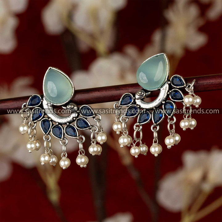 Latest Oxidised Peacock Designer Mint Blue Stone Stud Pearls Earrings Sasitrends Online Shopping