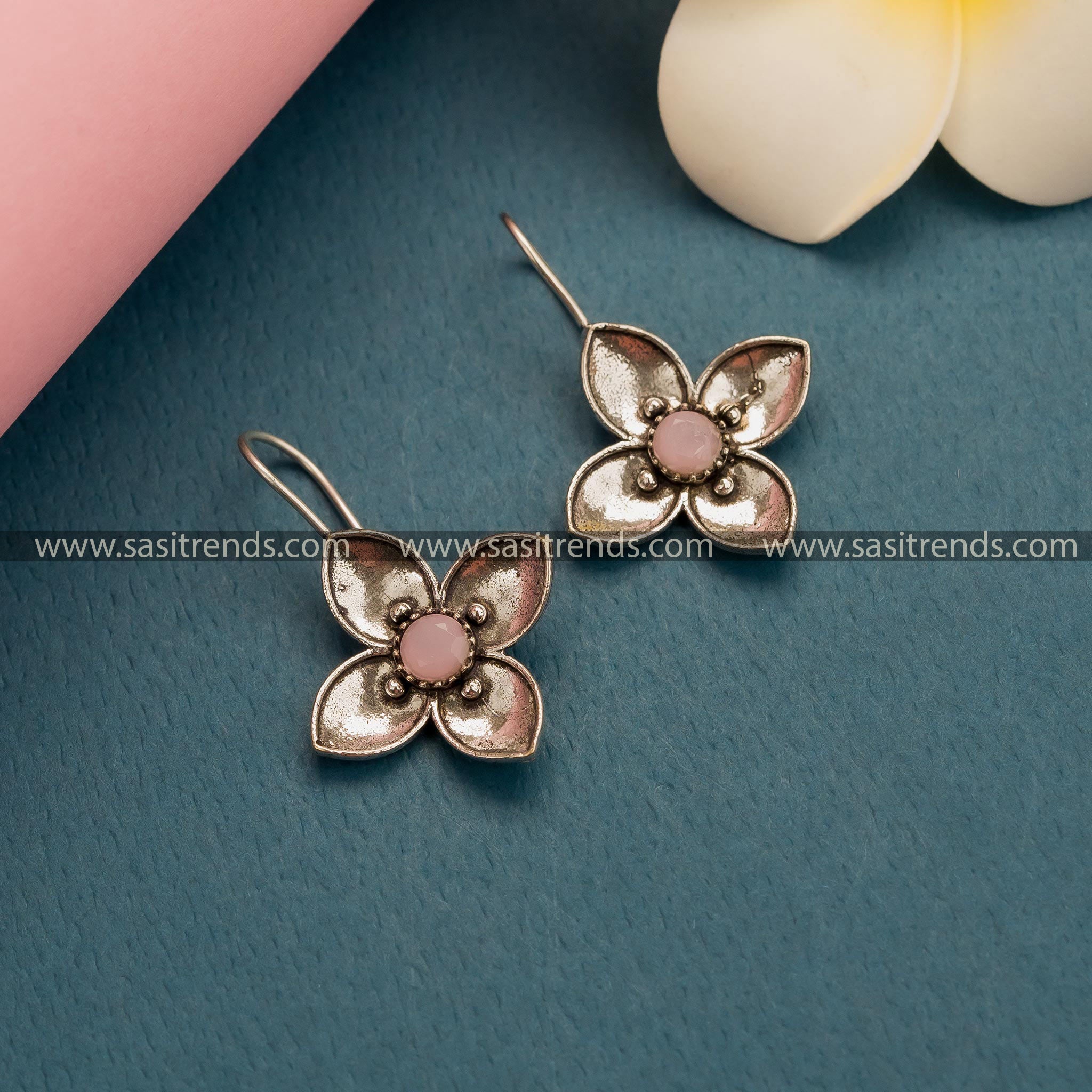 New Office Wear Oxidized German Silver AD Stone Floral Hook Earrings in Baby Pink - Trendy Collections for Women's Fashion