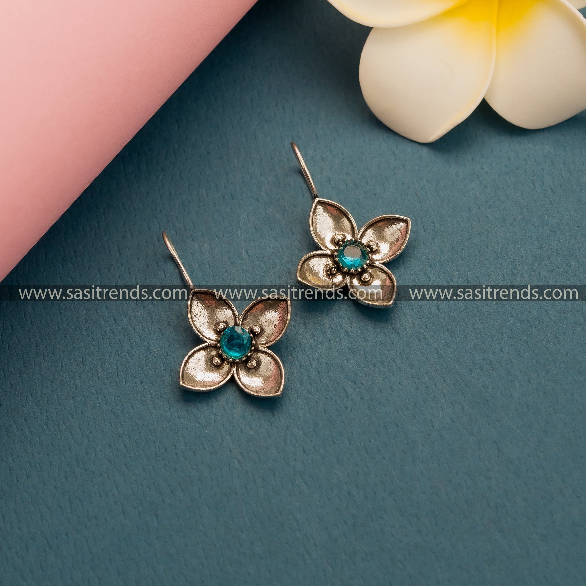 New Office Wear Oxidized German Silver AD Stone Floral Hook Earrings in Sky Blue - Trendy Collections for Women's Fashion