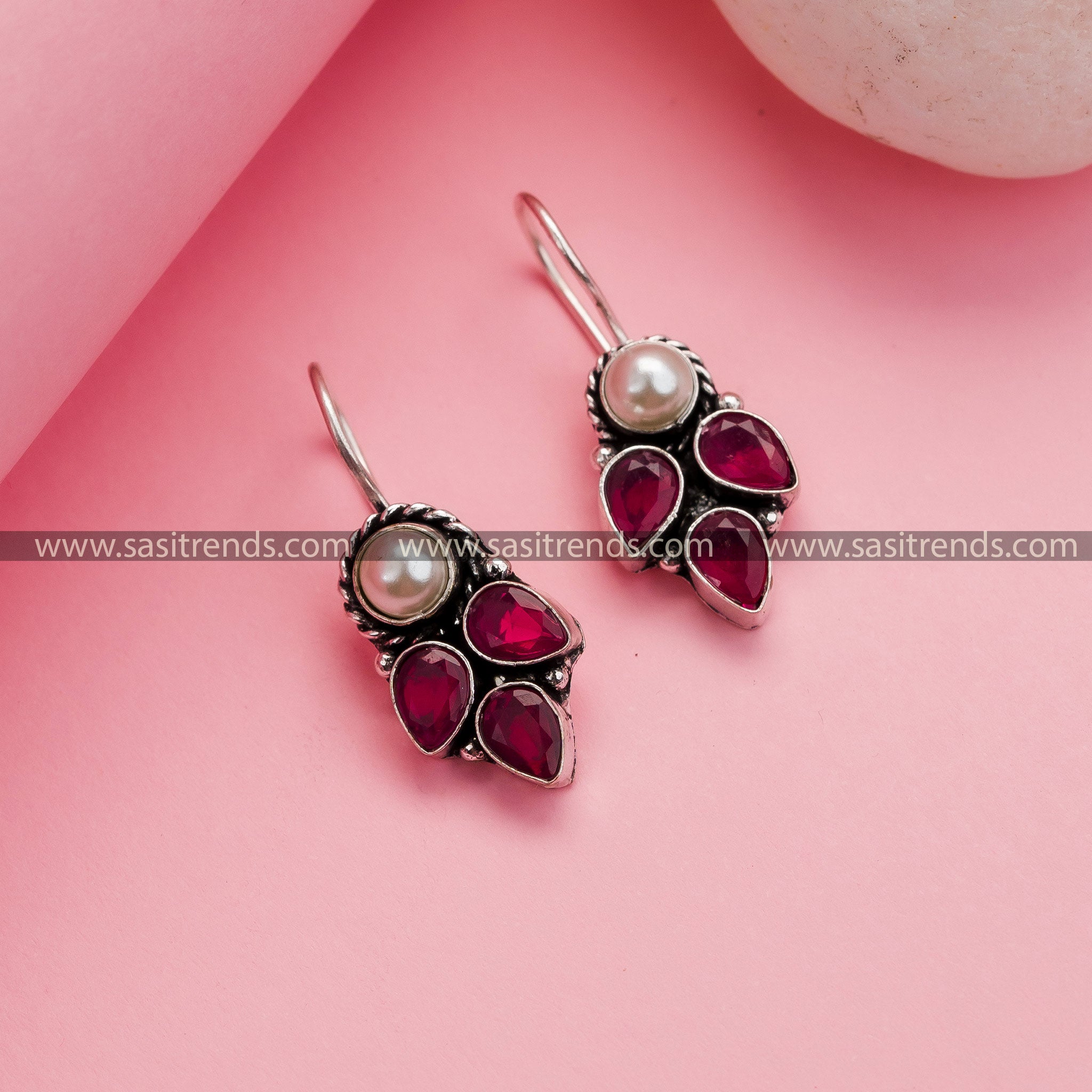 Stunning Office Wear Oxidized German Silver Fish Hook Earrings in Ruby - Trendy Collections with Pearl and AD Stone Drops for Women