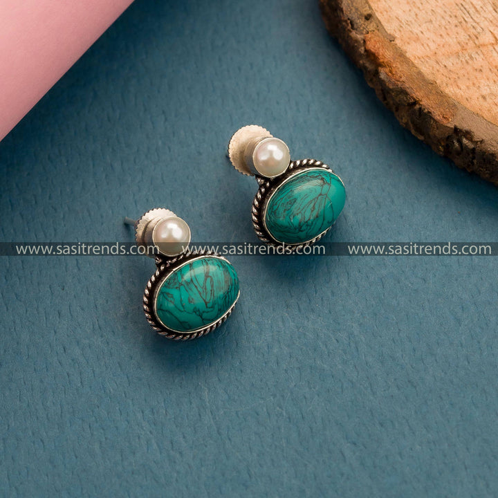 Elevate Your Look with Turquoise Oval Monalisa Stone Earrings - Latest Oxidized German Silver Jewelry for Women