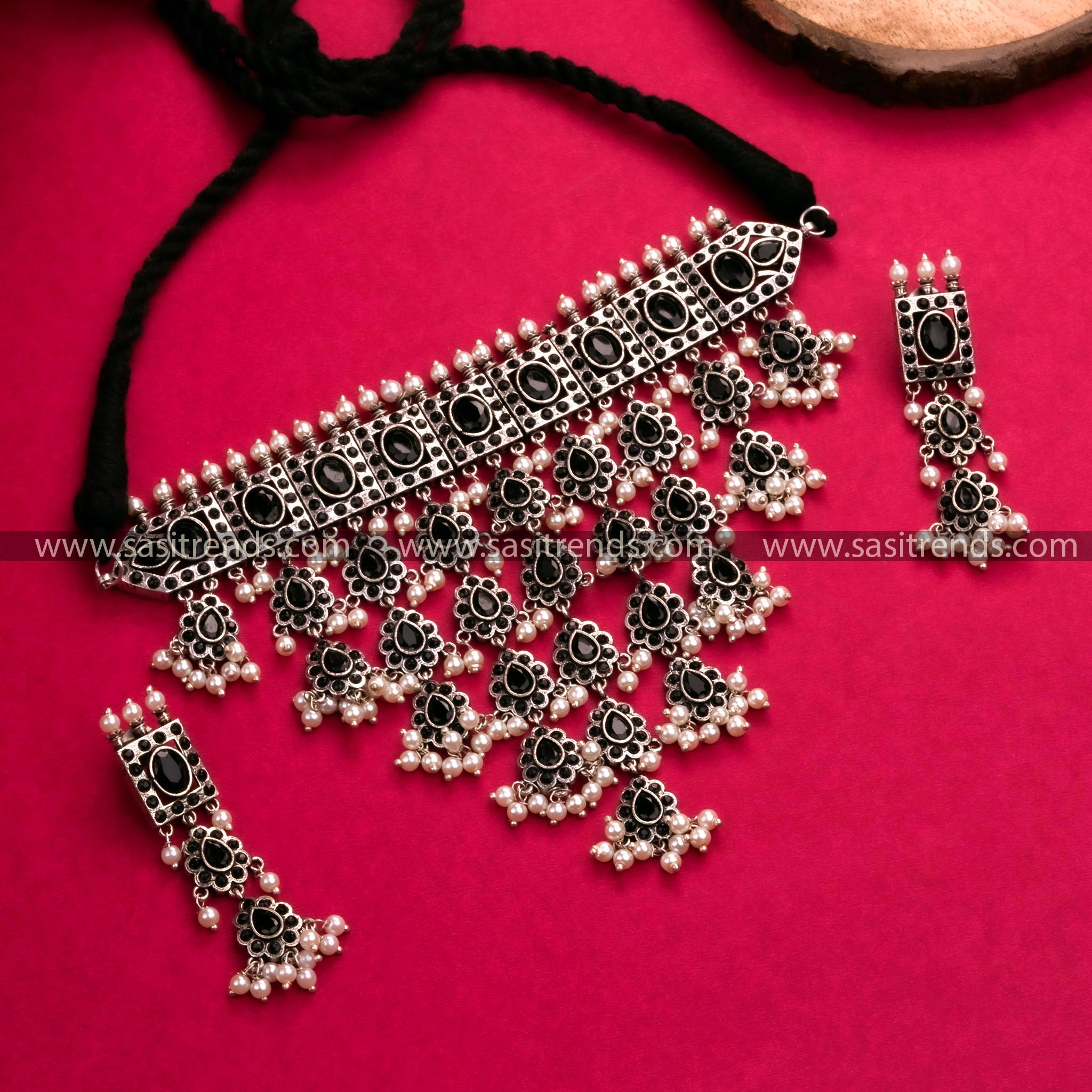 Stylish Black Choker Necklace Set - Oxidized German Silver & Pearls - Party Wear