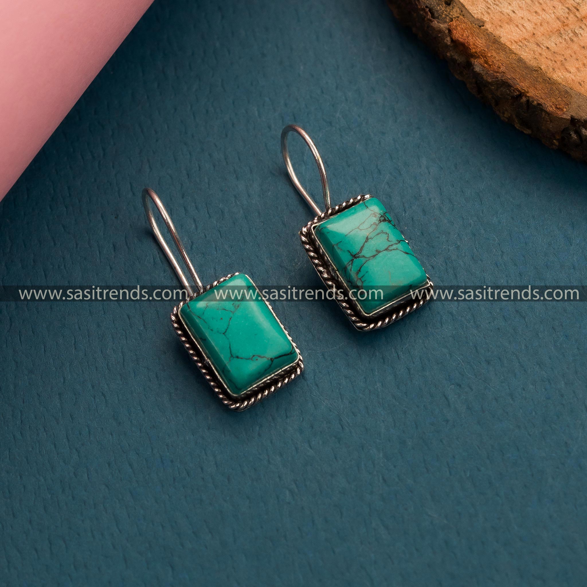 Trendy Turquoise Monalisa Stone Oxidized German Silver Hook Earrings - Ideal for Women's Fashion and Stylish Office Wear