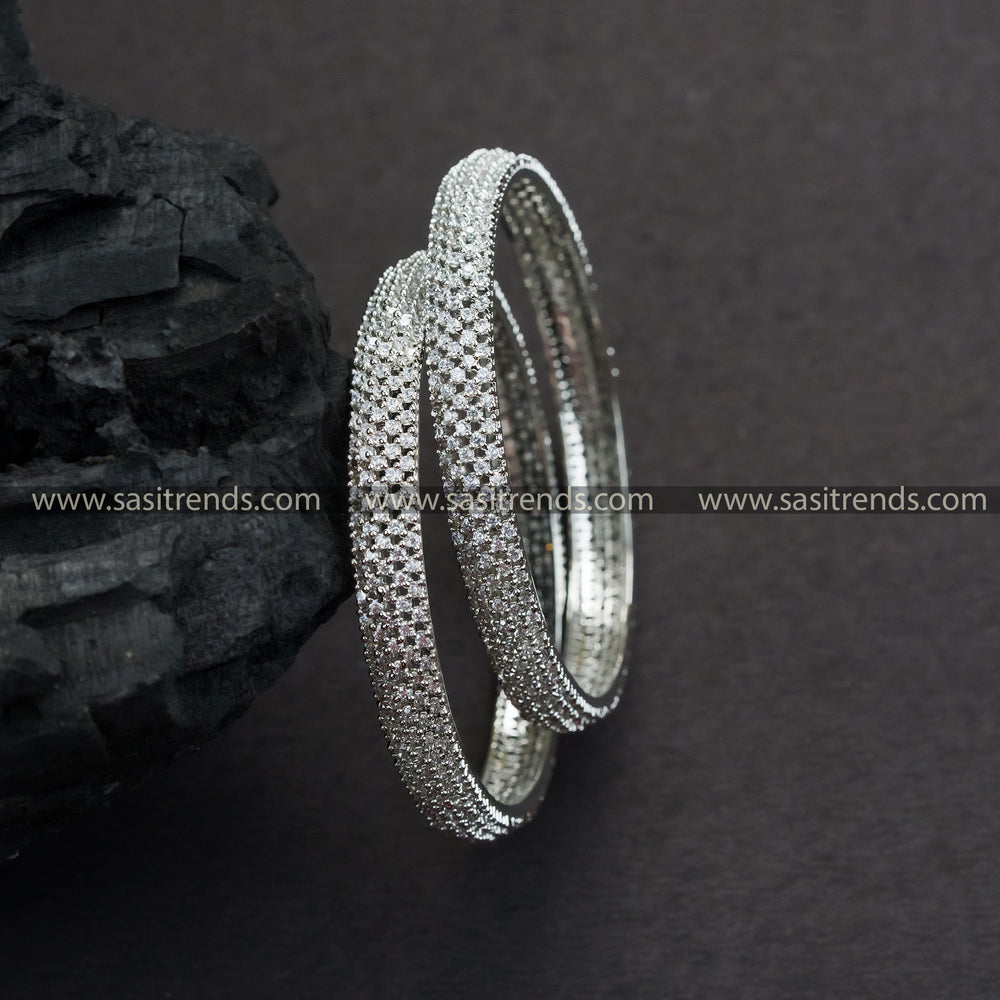 Stunning Rhodium Silver Plated Party Wear Bangles with American Diamonds