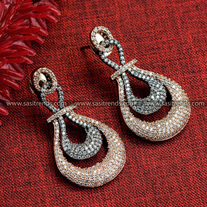 Trendy Party Wear Rose Gold and Black Plated American Diamond Earrings - Two-Layered Tear Drop Pattern for Women