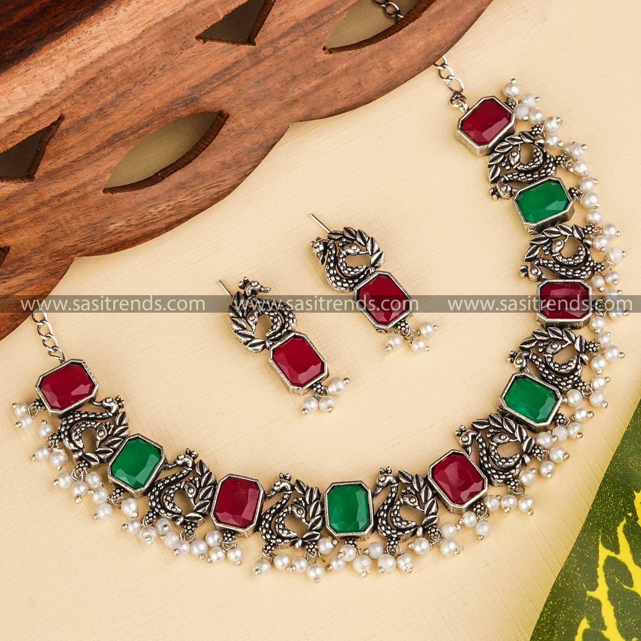 Elegant Ruby-Green Stone German Silver Oxidised Necklace Set - Latest Trending Peacock Oxidised Siver Jewellery