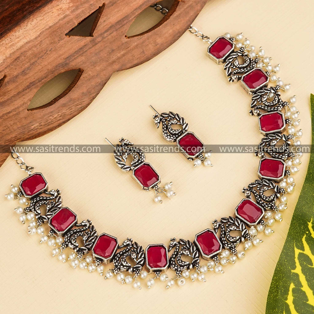 German Silver Oxidised Necklace Set with Stunning Ruby Stones - Trending Peacock Oxidised Silver Jewellery