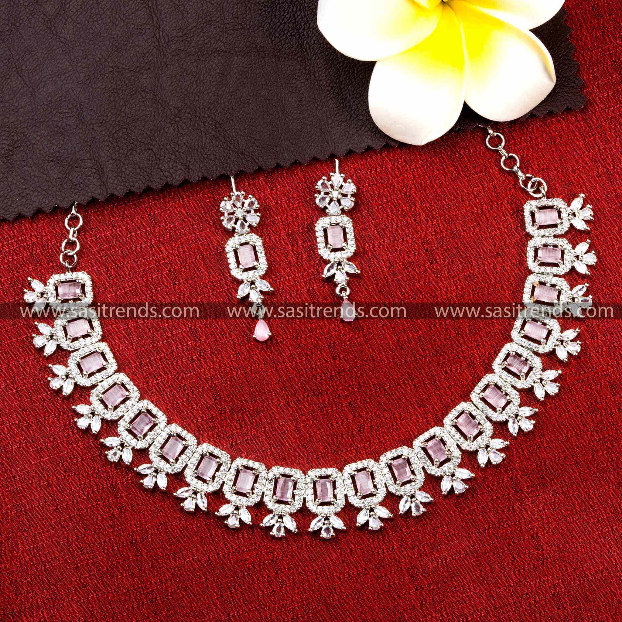 Rhodium Silver Plated Necklace Set with Pink American Diamonds - Enhance Your Look for Special Occasions