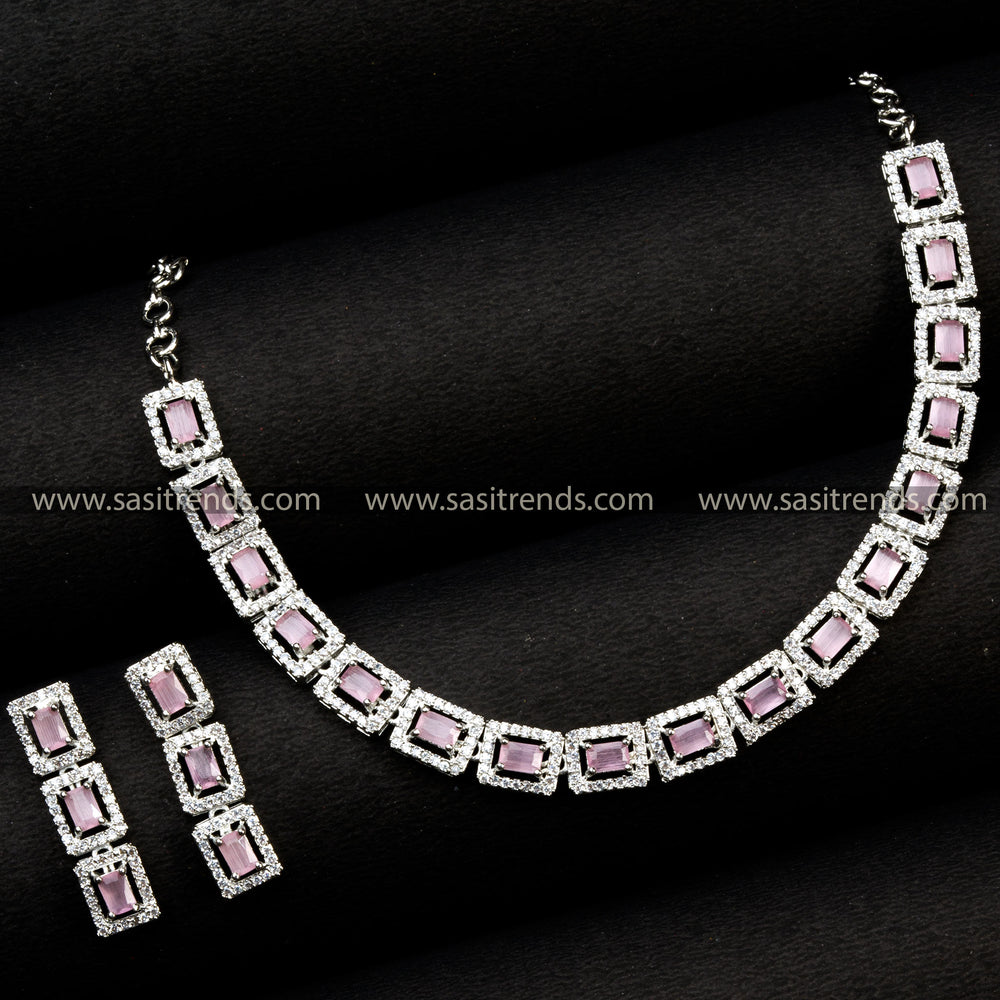 Latest Gorgeous Rhodium Silver Plated Pink AD Stone Party Wear Necklace with Earrings 