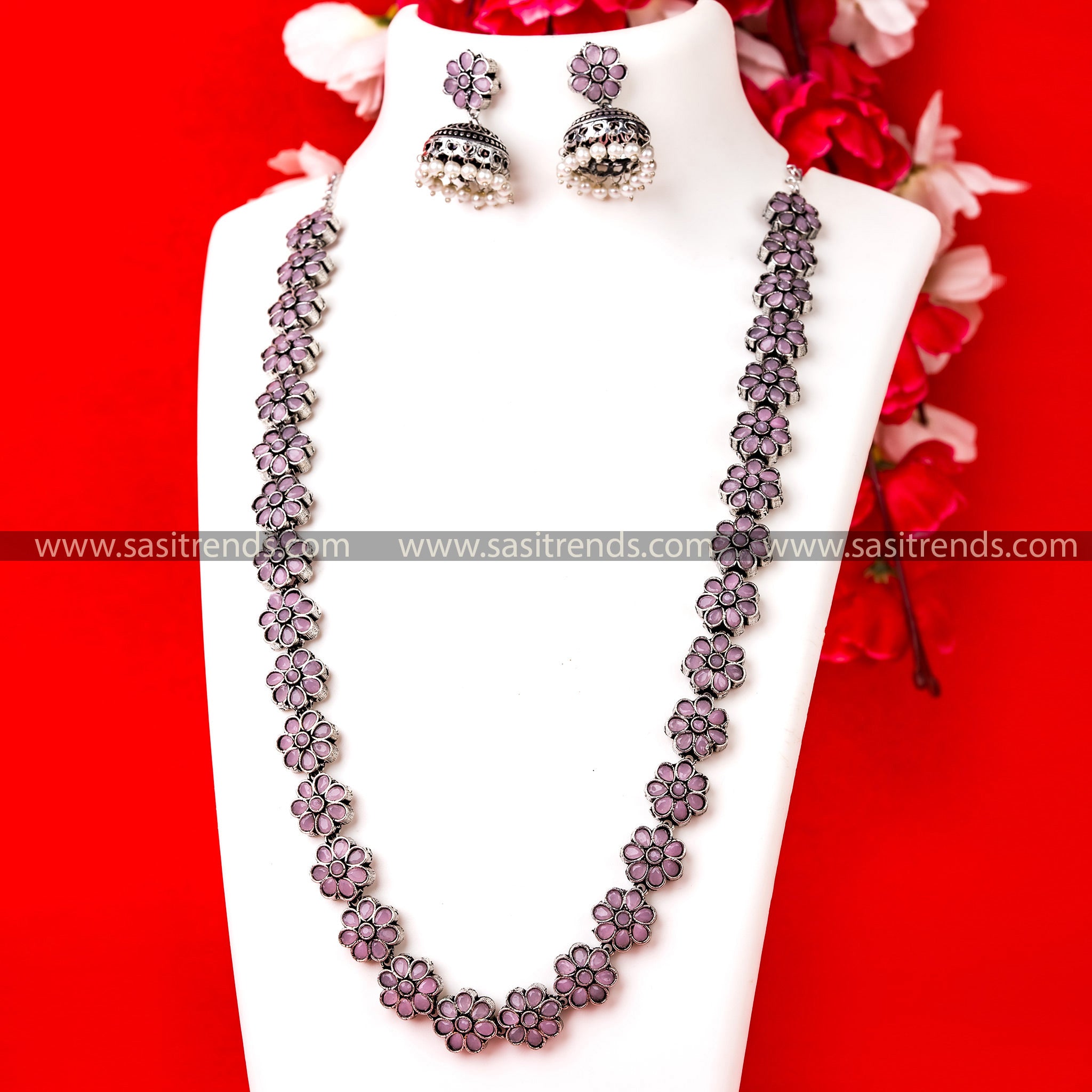 Graceful Pink Stone Floral Necklace Set - Party Wear Oxidised German Silver Jewelry with Floral Motifs and Pink Gemstones