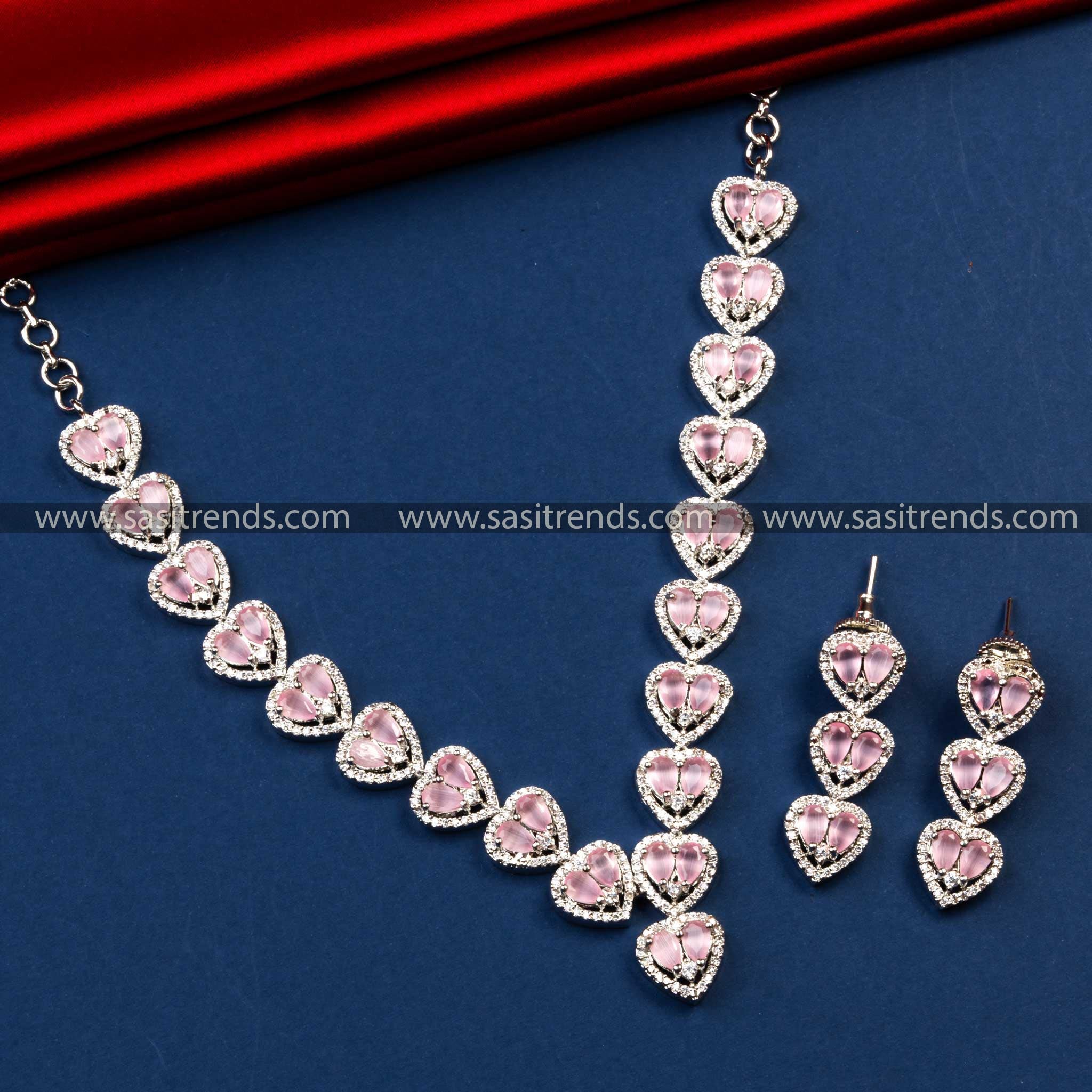 Stunning Party Wear Rhodium Silver Plated Heart Motif AD Necklace with Earrings | Sasitrends - Sasitrends