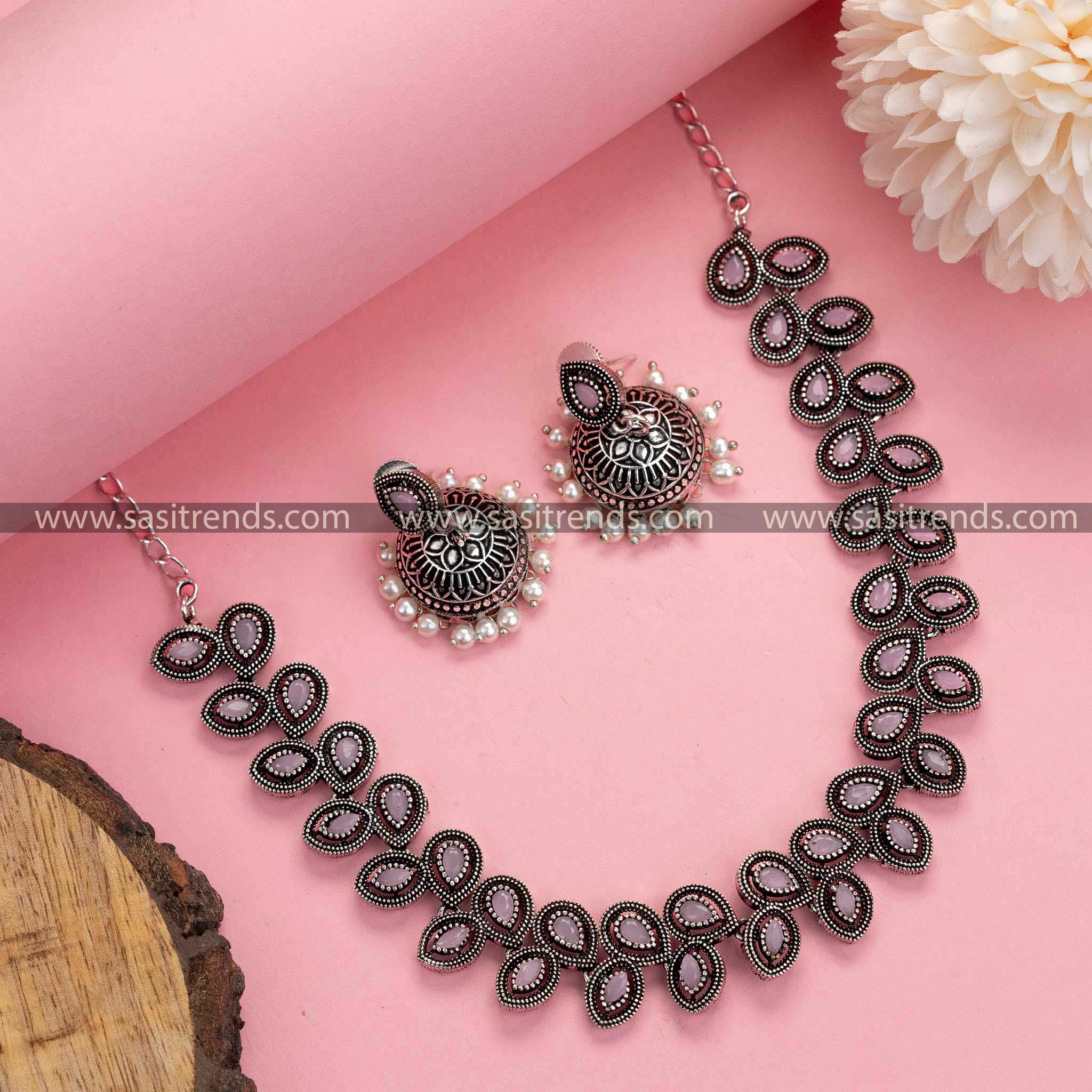 Pretty in Pink: Oxidised German Silver Necklace with Pearl Jhumkas - Feminine Elegance Redefined