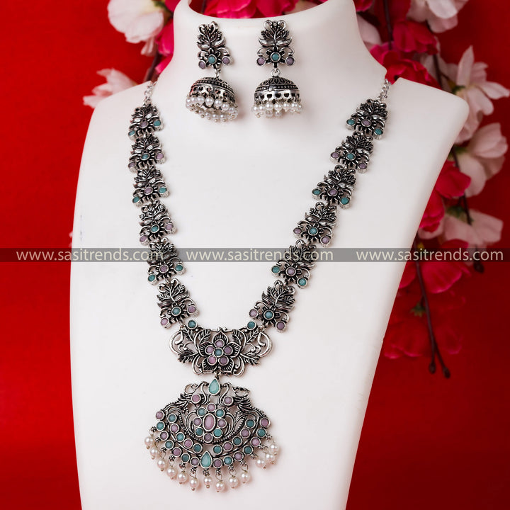 Unique Pink-Mint Stone Floral Pendant Necklace Set - Oxidised German Silver Party Wear with Pearl Jhumkas