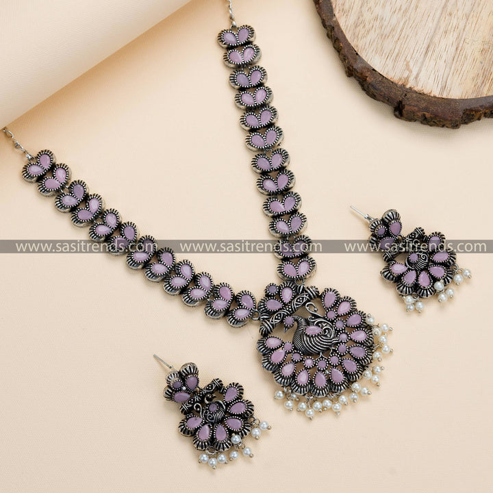 Oxidised German Silver Peacock Necklace with Earrings - Traditional Party and Festival Jewelry - Sasitrends