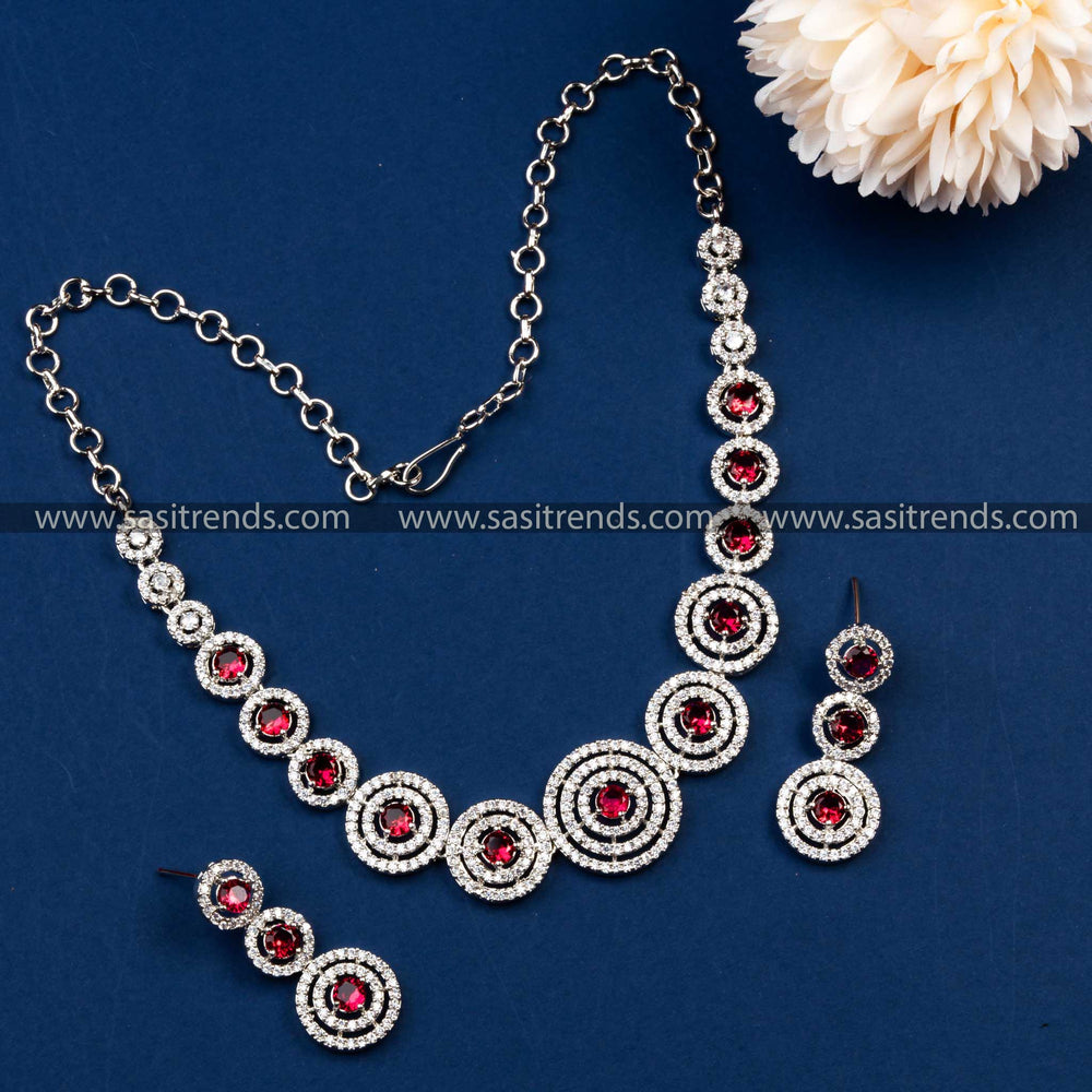 Gorgeous Party Wear Rhodium Silver Plated AD Necklace with Earrings | Sasitrends - Sasitrends