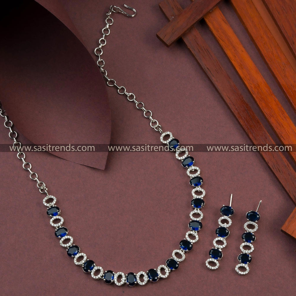 Stylish Rhodium Silver Plated Party Wear Blue AD Necklace Set with Earrings