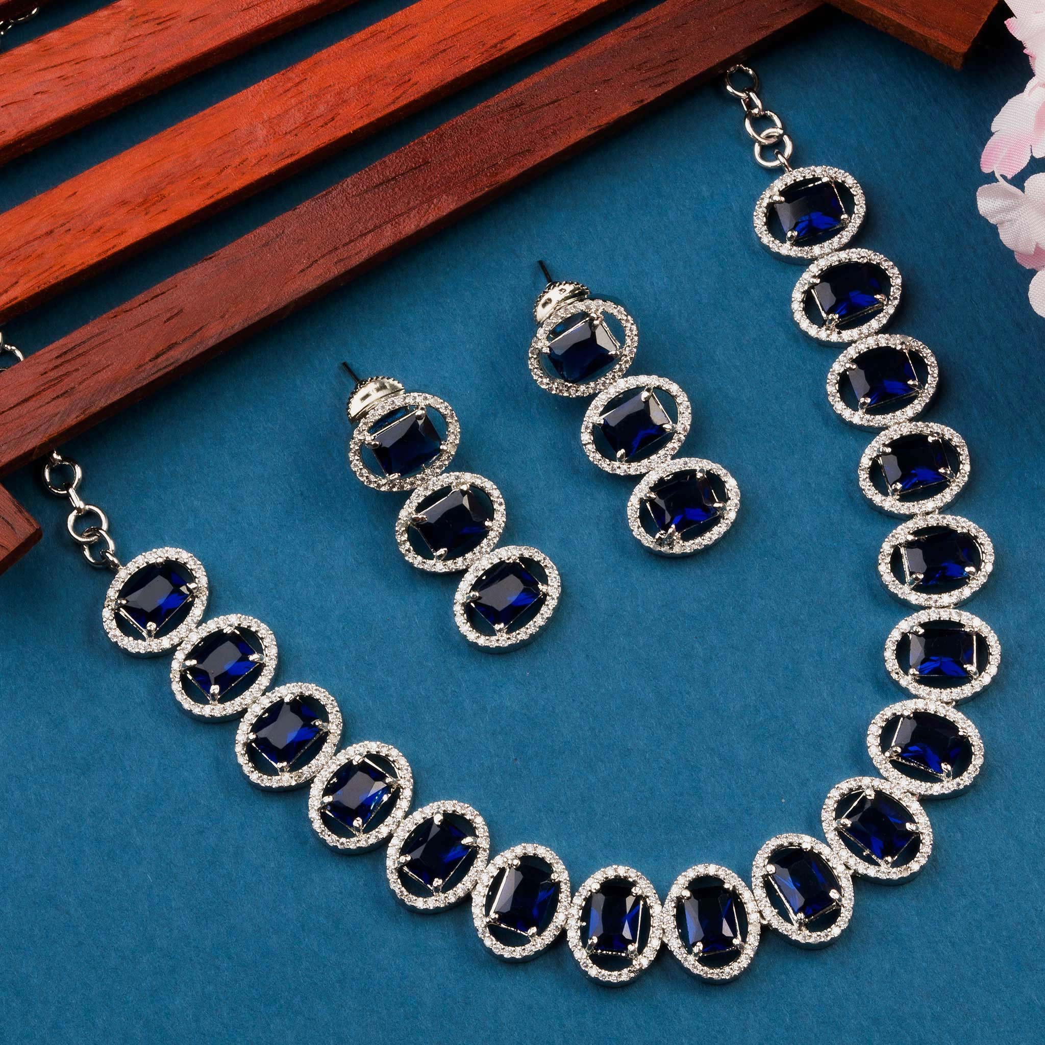 Elegant Blue Stone Embellished Necklace Set - Rhodium Silver Plated, AD Necklace with Earrings for Women 