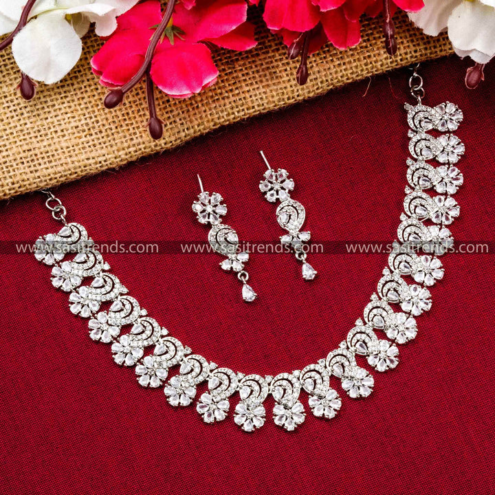 Elegant White Stone Floral Pattern Necklace Set - Rhodium Plated, American Diamonds, Party Wear Jewelry