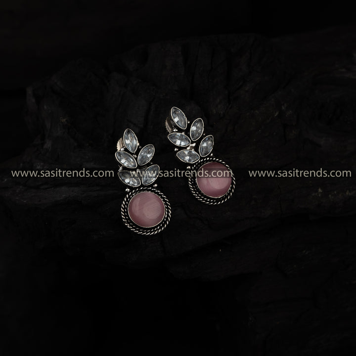 Latest Round Stone Oxidised German Silver Earrings Pink