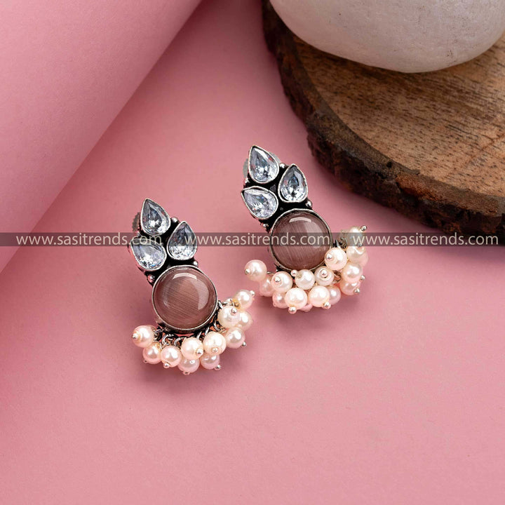 Light Peach Oxidized German Silver Earrings – Monalisa Stone, AD Stones, Pearl Drops for Women – Latest Traditional Collection Online