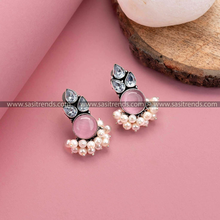 Stunning Pink Oxidized German Silver Earrings – Monalisa Stone, AD Stones, Pearl Drops for Women 