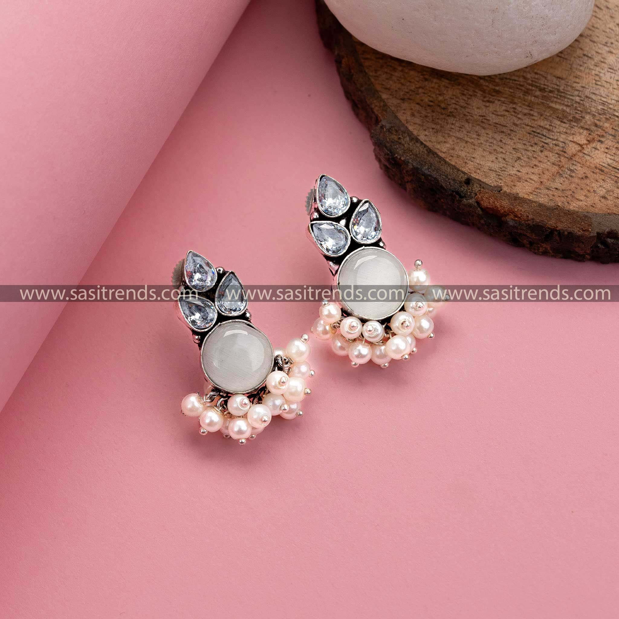 White Oxidized German Silver Earrings – Monalisa Stone, AD Stones, and Pearl Drops for Women