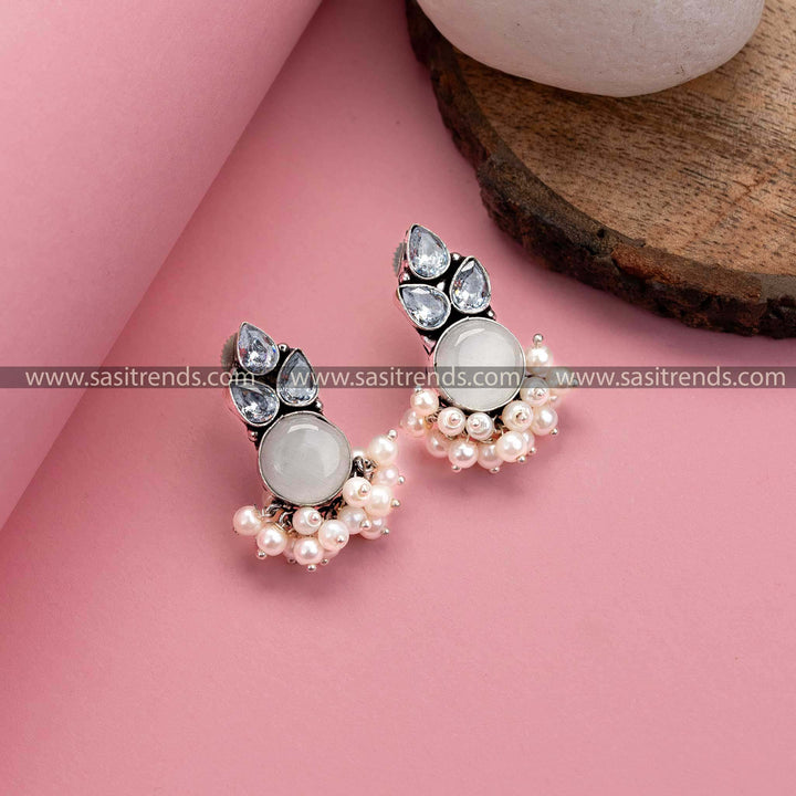 White Oxidized German Silver Earrings – Monalisa Stone, AD Stones, and Pearl Drops for Women