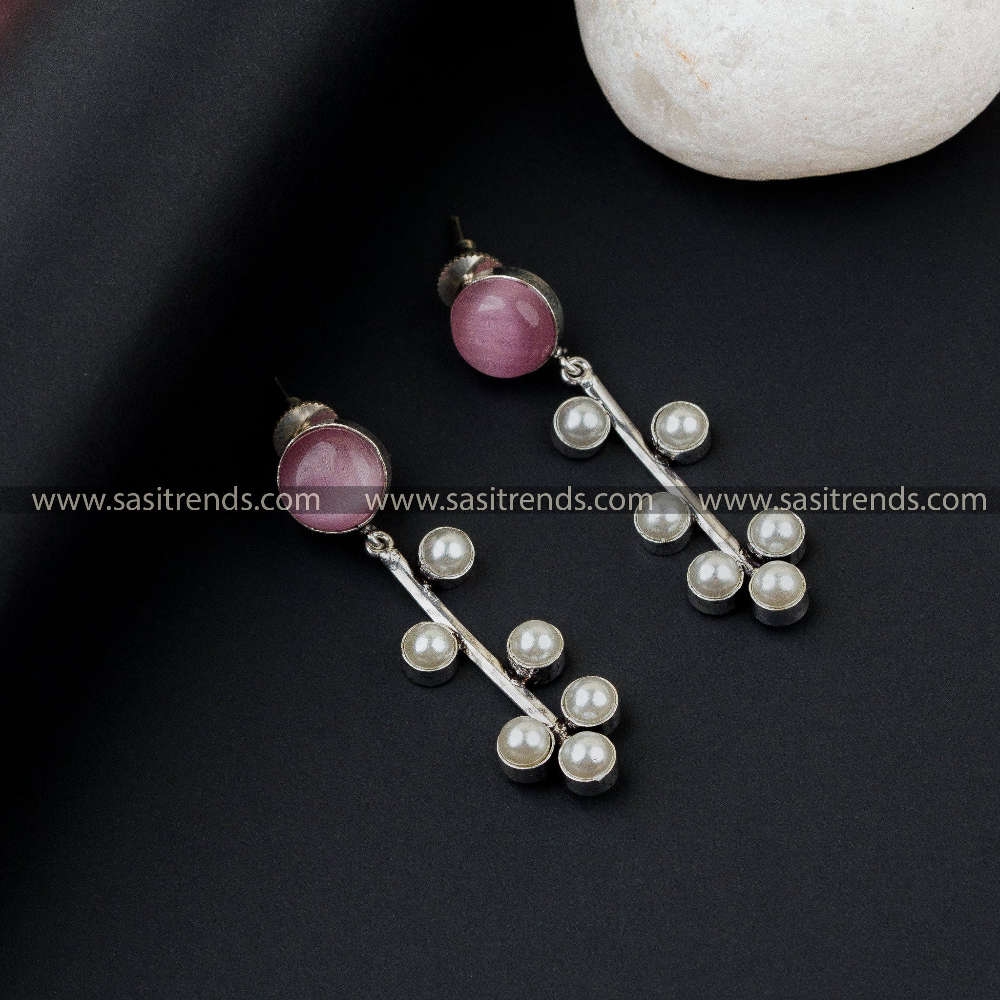 Latest Round Stone Six Pearl Oxidised German Silver Earrings For Office Wear