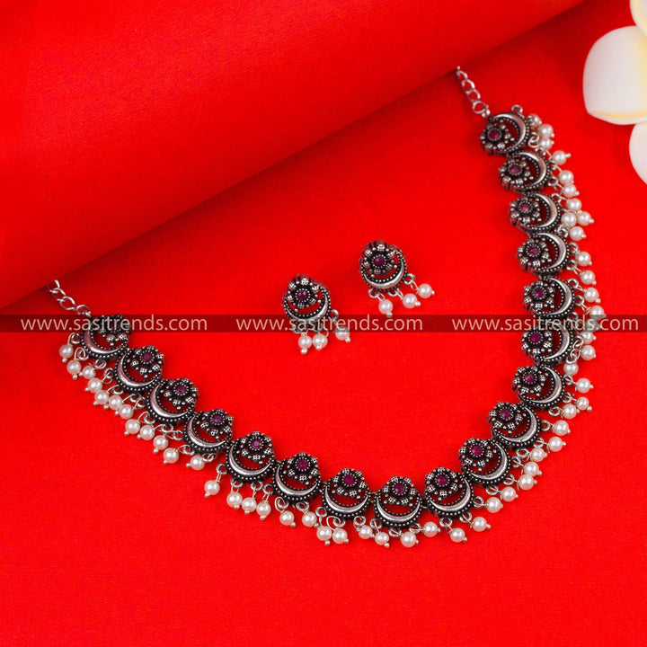 Trendy Necklace Set with Ruby-Green Stones: Oxidised German Silver Jewelry for Parties 