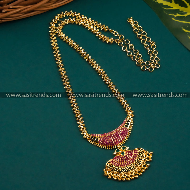 Trendy Ruby-Green Stone Dual Pendant Necklace - Micro Gold Plated Jewelry with American Diamonds