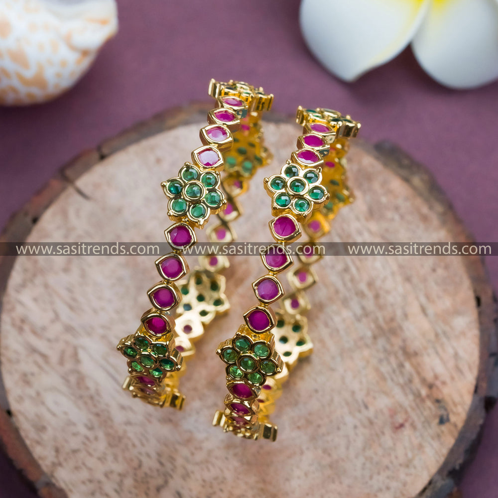 Elegant Ruby-Green Micro Gold Plated Bangles | Latest Festive Collection!