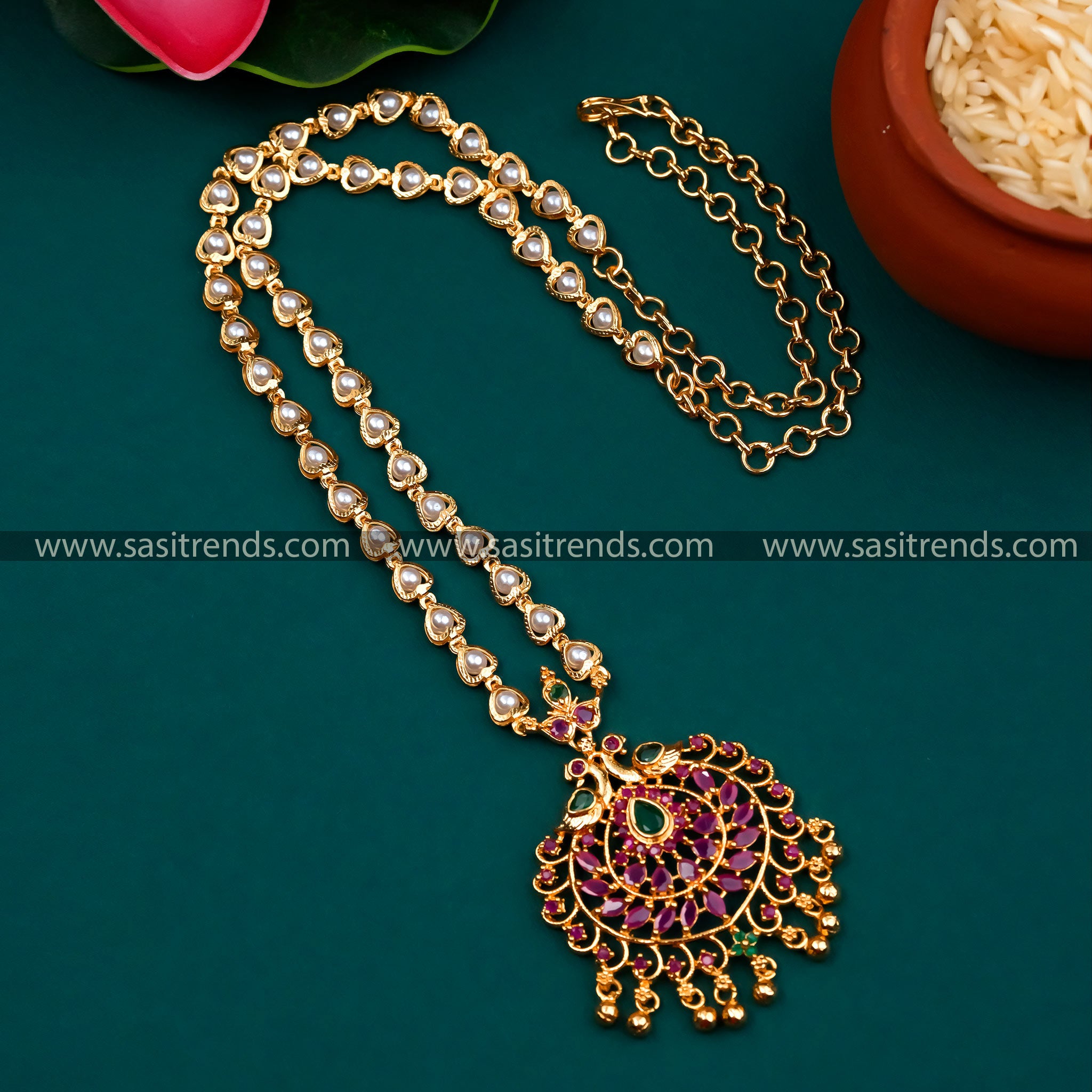 Graceful Long Chain with Ruby-Green Stones - Micro Gold Plated Peacock Pendant Pearl Necklace