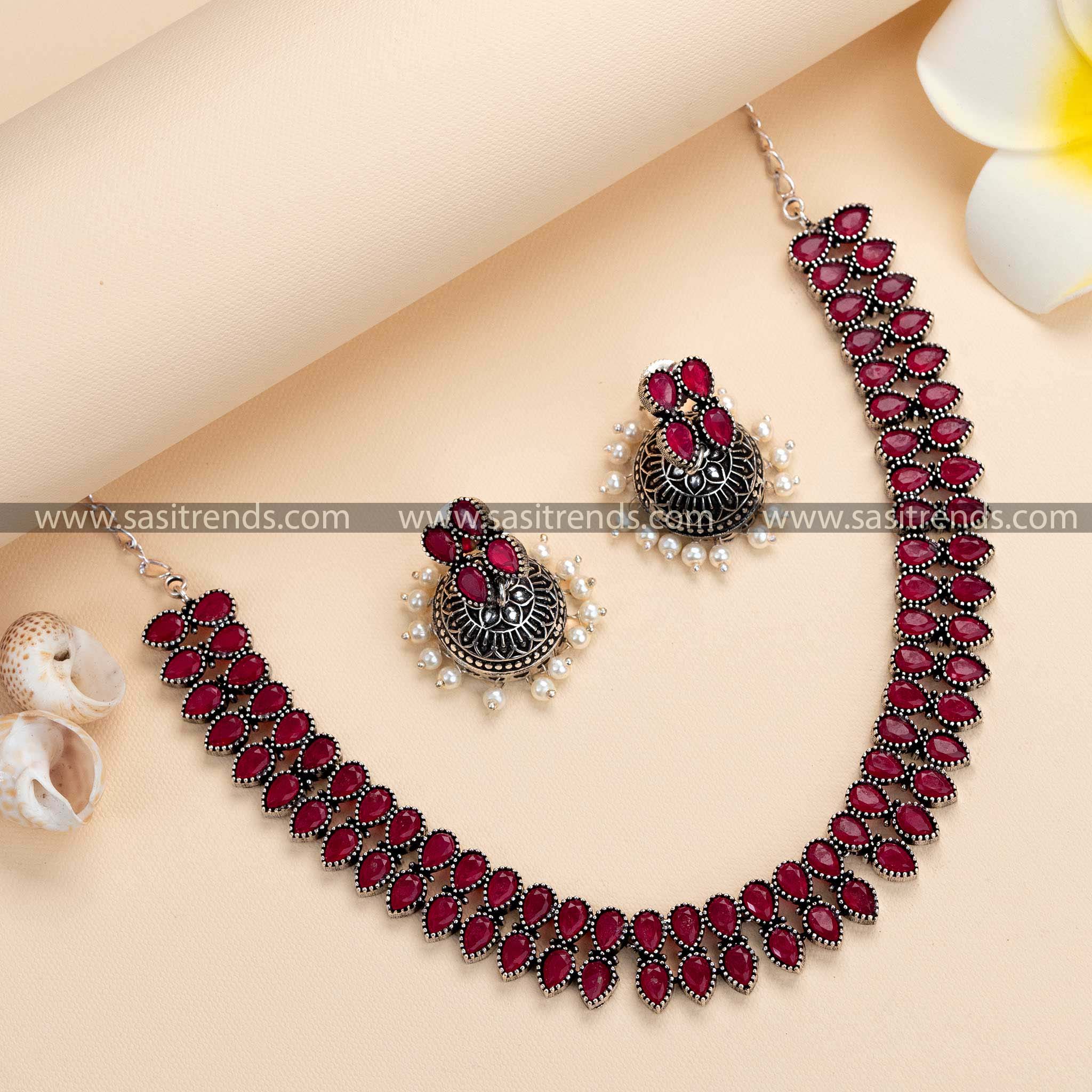 Gorgeous Oxidised German Silver Necklace & Pearl Jhumkas with Ruby Stone Accents - Traditional Rich Jewelry Set