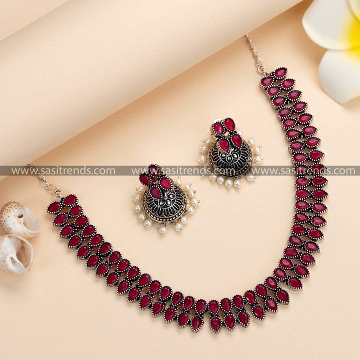 Gorgeous Oxidised German Silver Necklace & Pearl Jhumkas with Ruby Stone Accents - Traditional Rich Jewelry Set