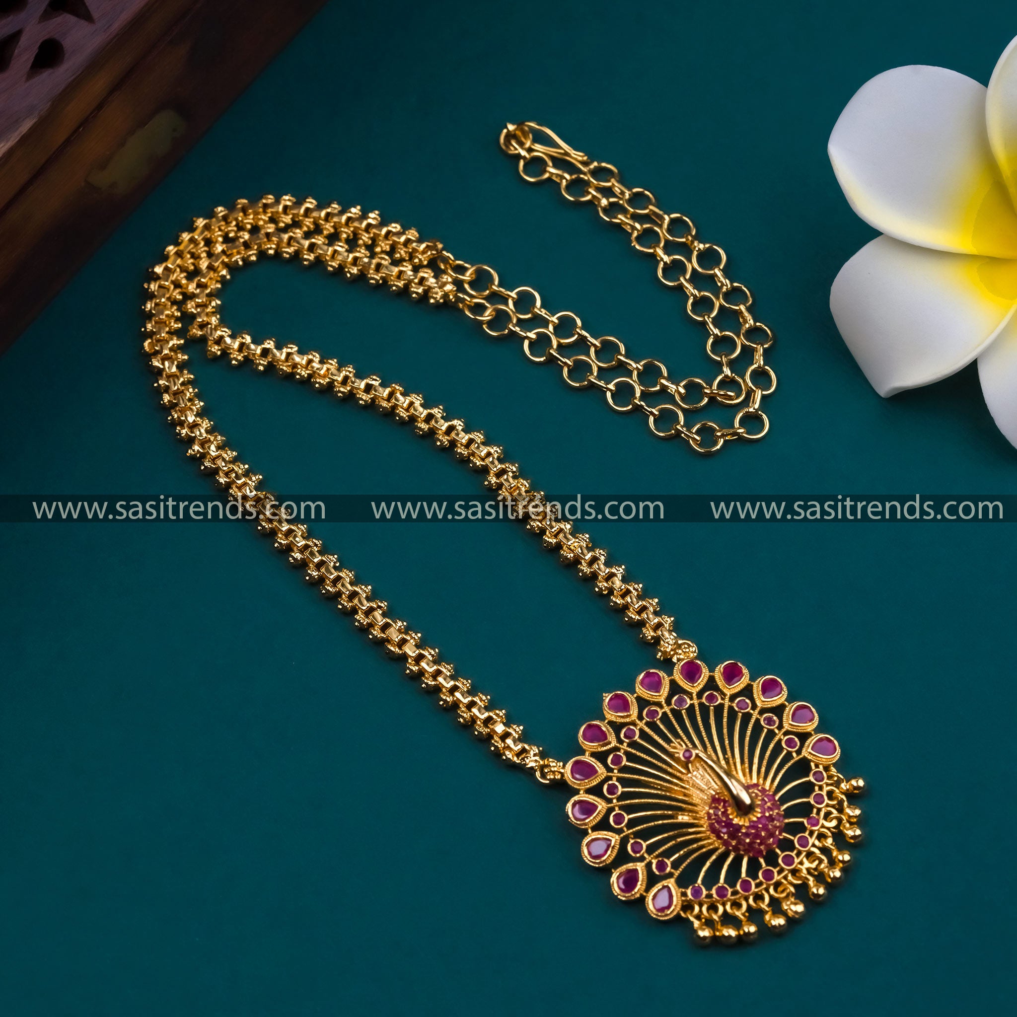 Traditional Micro Gold Plated Gajiri Chain with Peacock Pendant Adorned with Radiant Ruby AD Stones