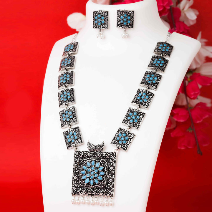 Trendy Party Wear Oxidised Pearl Necklace with Pearl Earrings Stones Jewellery Set - Sasitrends