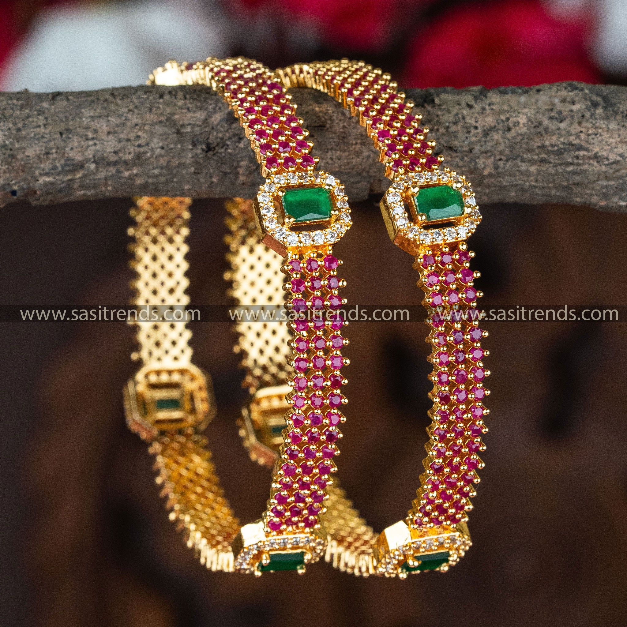 Latest Temple Wear Ruby Green  Micro Gold Plated Bangles Online Shopping